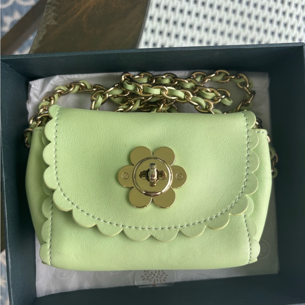 Mulberry Mini Scalloped Leather Crossbody in Light Green with Gold Hardware